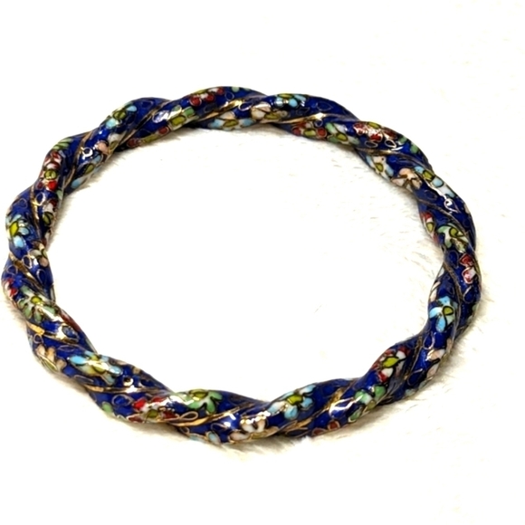 Vintage Rare Chinese Cloisonne Enamel Twisted Floral Bangle Bracelet - Picture 12 of 13